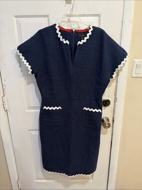 J. Crew Navy Midi Dress with White Ric Rac Trim